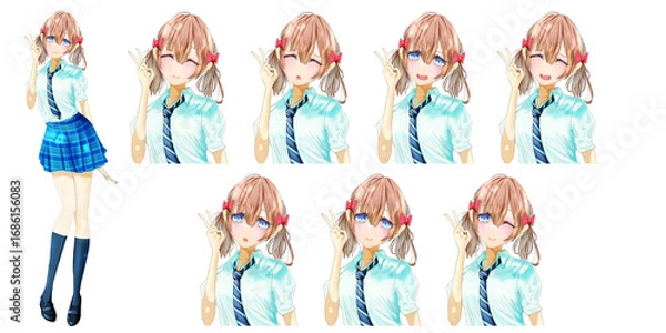 Fototapeta 元気なピースをする金髪二つ結びのアニメ・漫画タッチの全身立ち絵キャラクターイラスト