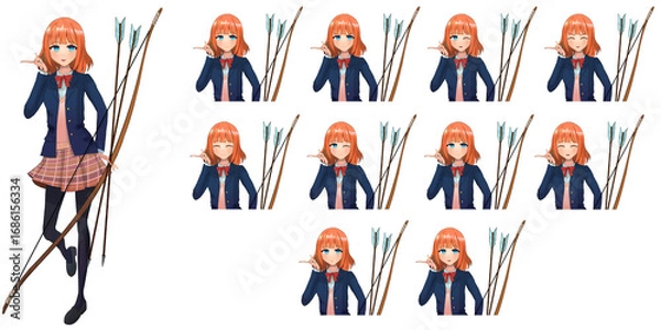 Fototapeta 弓矢を装備した元気な学生女子のキャラクター全身アニメ風タッチ立ち絵イラスト