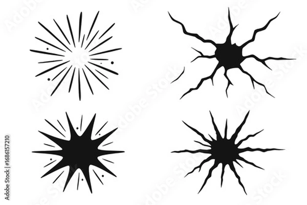 Fototapeta Set of black starburst and crack hole designs. Abstract explosion and sunburst shapes for comics. Cartoon vector impact, bang, and smash effects. Hand drawn graphic elements.