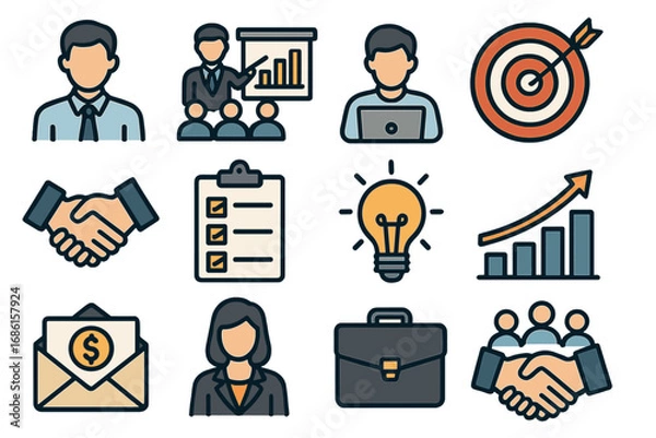 Fototapeta Business and finance line icon set. Professional activity signs. Strategy, management, career, growth, teamwork, success. Vector illustration collection for web and mobile.