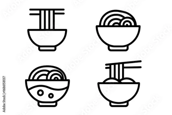 Fototapeta Noodle soup outline icon set. Asian cuisine ramen bowl vector illustration. Minimalist line art symbol for Japanese or Chinese restaurant menu. Simple food graphic element.