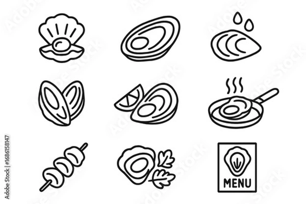 Fototapeta Oyster seafood line icon set. Fresh mollusk, clam, mussel outline icons. Gourmet food delicacy vector. Restaurant menu symbol. Raw shellfish with lemon, fried in pan.