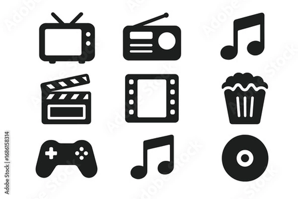 Fototapeta Media entertainment solid icon set. TV, radio, music, cinema symbols. Film clapperboard, popcorn, game controller, cd, and audio video signs. Simple glyph vector illustration.