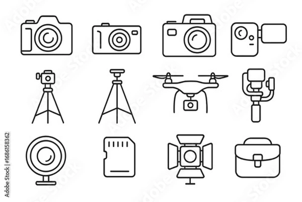 Fototapeta Photography equipment line icon set. Vector outline collection of camera, drone, tripod, gimbal, ring light, and studio gear. Minimal linear symbols for videography.