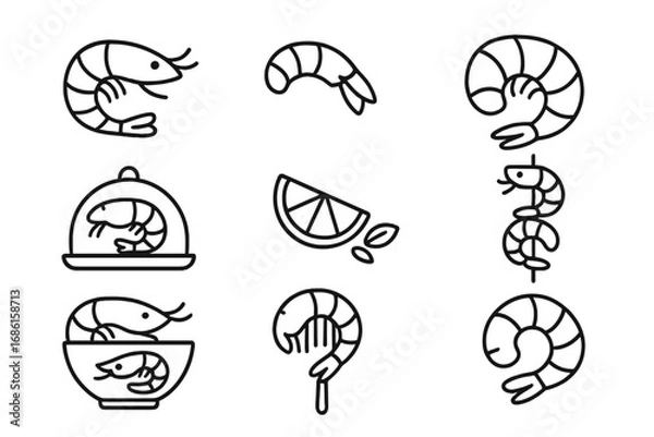 Fototapeta Seafood shrimp line icon set, culinary restaurant outline icons collection, vector cartoon illustration with transparent background, ordered set of shrimp seafood icons
