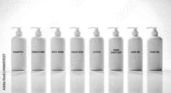 Fototapeta Minimalist White Bottles of Bath and Body Products Lined Up on Reflective Surface