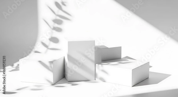 Fototapeta Minimalist White Composition with Geometric Shapes and Leafy Shadows for Product Display