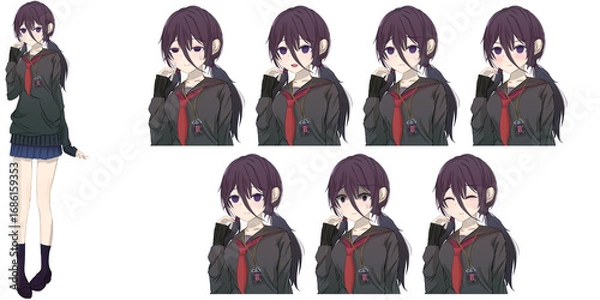 Fototapeta 紫髪ミディアムヘアーの可愛い女子高生・学生キャラの全身立ち絵のアニメ・漫画イラスト