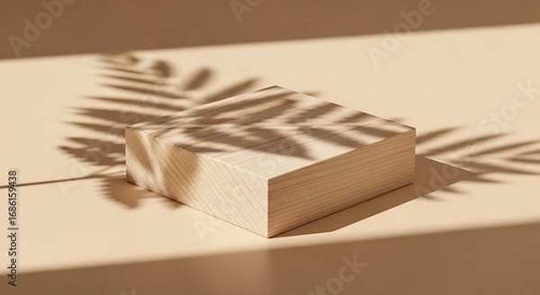 Fototapeta Minimalist wooden cube display with tropical leaf shadows on a beige surface