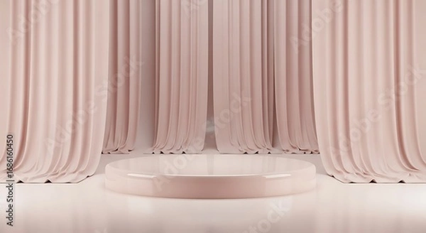 Fototapeta Pale Pink Stage: Circular Platform with Elegant Draped Curtains Backdrop