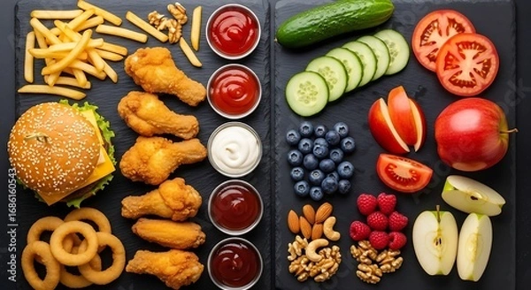 Fototapeta Overhead View of Unhealthy and Healthy Food Choices
