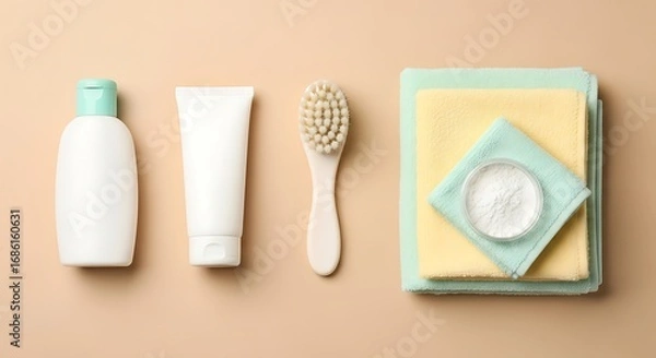 Fototapeta Pastel-Colored Spa Essentials Arranged on a Beige Background