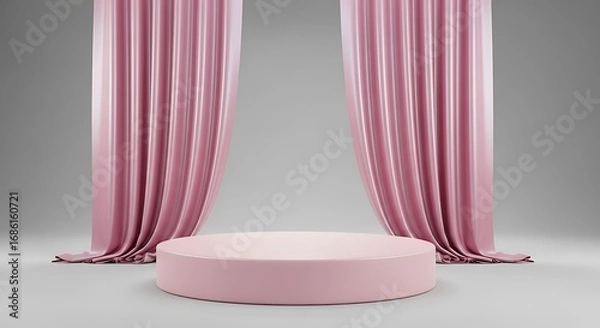 Fototapeta Pink cylinder podium with draped curtains against a gray backdrop, studio shot