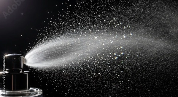 Fototapeta Perfume atomizer spraying fragrance with a burst of tiny droplets against a dark background