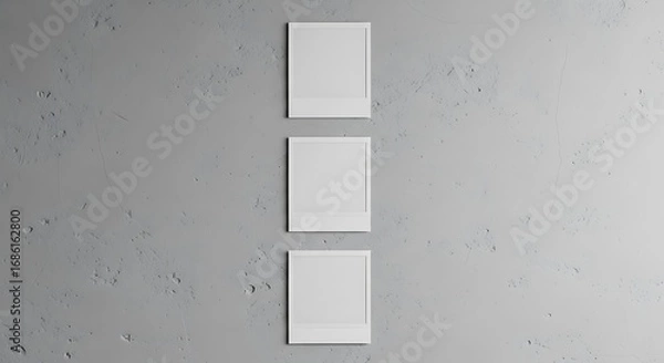 Fototapeta Three blank white frames hang vertically on a textured gray concrete wall.