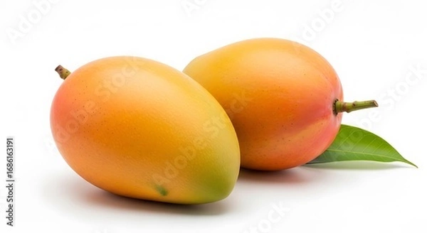 Fototapeta Two Ripe Mangoes with Leaf on White Background, Studio Shot, Close Up