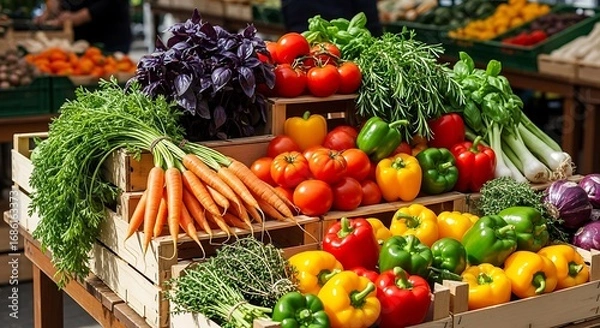 Fototapeta Vibrant Farmers Market Display of Colorful Vegetables in Wooden Crates