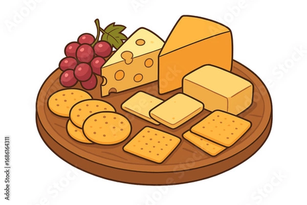 Fototapeta Cheese platter with assorted cheeses, crackers, and grapes. Cartoon vector illustration of a charcuterie board appetizer for a party. Isolated food snack on a wooden tray.