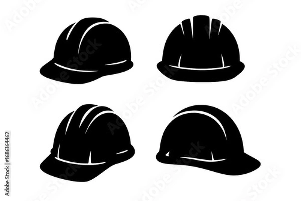 Fototapeta Set of construction helmets in black silhouette. Vector icon collection of safety hard hats. Industrial worker, builder and engineer headwear for protection on a building site.