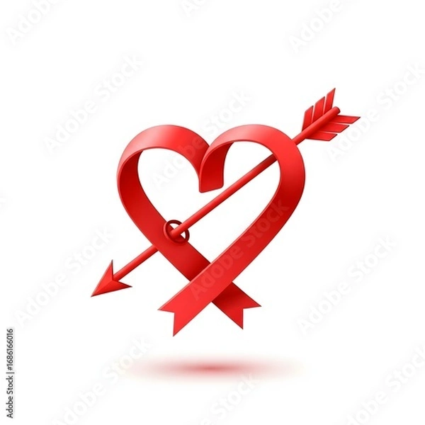 Fototapeta Red ribbon heart pierced by an arrow, a symbol of love and romance for Valentine's Day