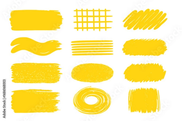 Fototapeta Hand drawn yellow brush strokes collection. Set of grunge paint textures, ink backgrounds, and marker scribbles. Abstract vector design elements for highlighting text and banners.