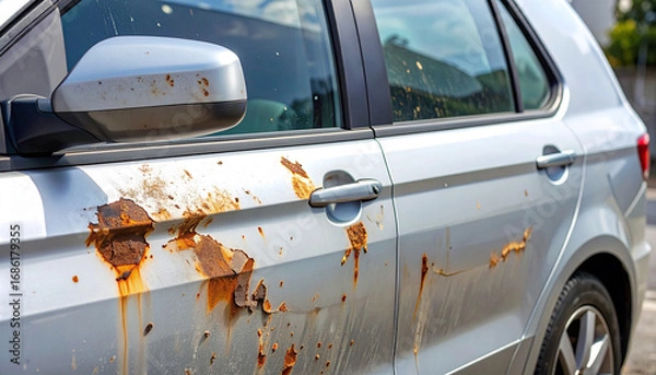 Fototapeta Rusty Car: A close-up captures a weathered car door marred by patches of rust, exposing the raw decay of metal under an overcast sky.