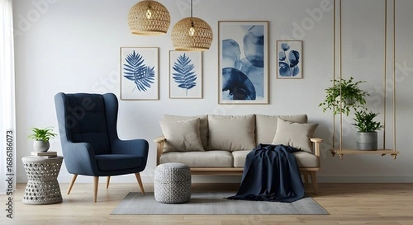 Fototapeta Modern Living Room Interior with Blue Accents and Natural Light