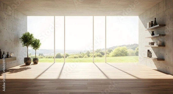 Fototapeta Modern Minimalist Interior with Concrete Walls and Large Window