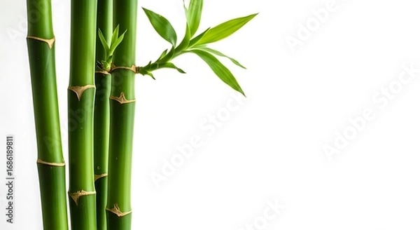 Fototapeta Elegant bamboo stalks with fresh green leaves isolated on white background bringing a zen like calm with tropical vibes and minimalist aesthetic