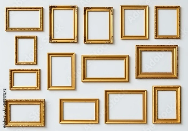 Fototapeta Elegant Gold Picture Frames on White Wall Gallery Display Mockup Interior Decor Design and Visual Presentation
