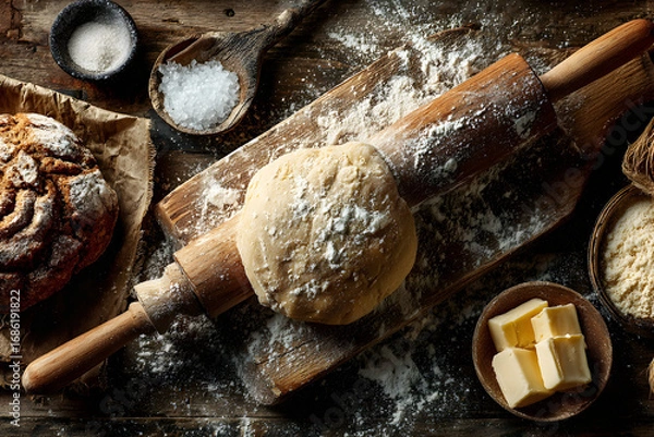 Fototapeta Overhead view of bread dough, rolling pin, flour, butter, and salt on a wooden surface.