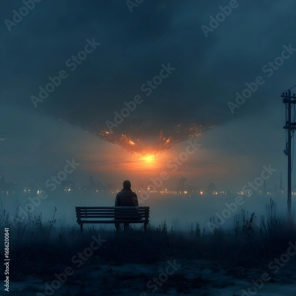 Fototapeta Man sitting on bench watching alien attack in futuristic city, sci-fi invasion and extraterrestrial concept art