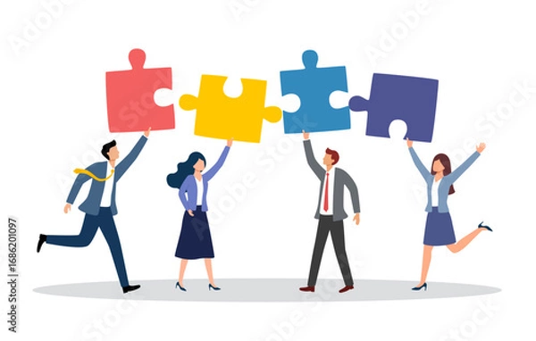Fototapeta Team building. Businesspeople connecting jigsaw puzzle elements vector illustration in flat design. Symbol of teamwork, cooperation, partnership.