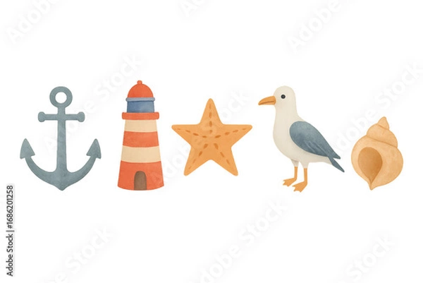 Fototapeta Coastal collection of nautical elements with a seagull, anchor, and lighthouse