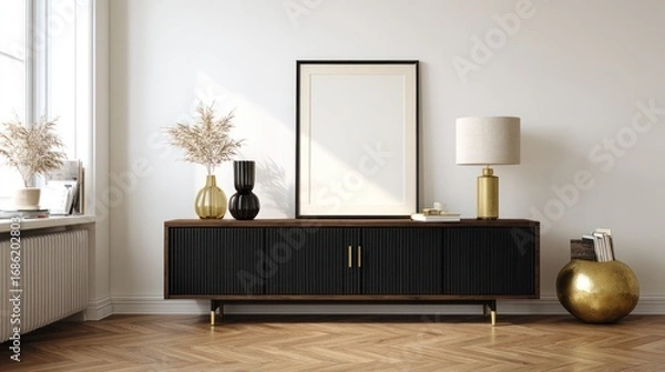 Fototapeta Modern Black Sideboard with Gold Handles Decorated with Vases and Lamp in Minimalist Living Room