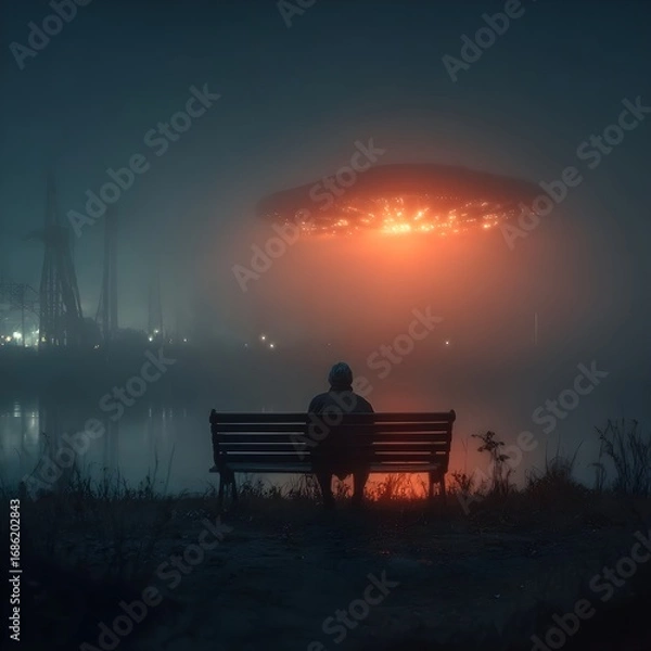 Fototapeta Man sitting on bench watching alien attack in futuristic city, sci-fi invasion and extraterrestrial concept art