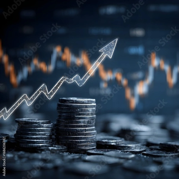 Fototapeta Futuristic dark blue background with digital business growth arrow up, stock market chart, financial success, investment and profit concept in hi-tech style