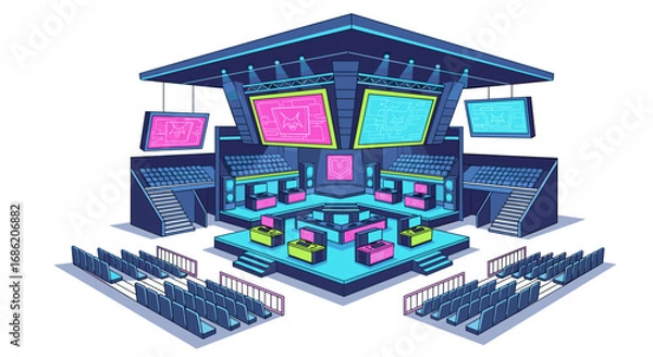 Fototapeta Isometric view of a gaming stage with screens and seating area
