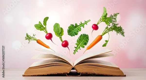 Fototapeta Surreal composition of floating vegetables above an open book, blending themes of healthy living, education, and creativity