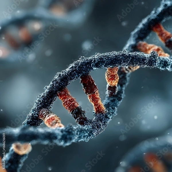 Fototapeta Blue cell background with DNA structure, 3D rendering of molecular biology, medical research, and scientific biotechnology concept