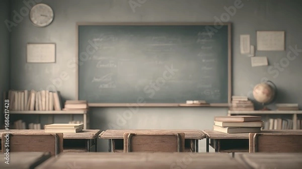 Fototapeta Community classroom with chalkboard still covered in notes, dawn cold light, muted neutral palette