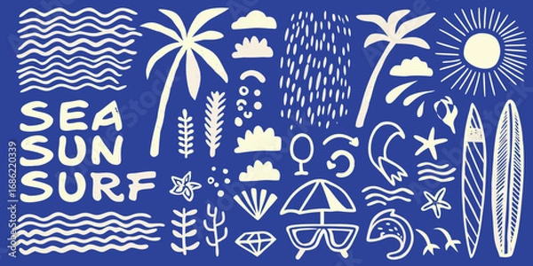 Fototapeta Whimsical hand drawn summer beach elements featuring sea sun surf text palm trees and surfboards