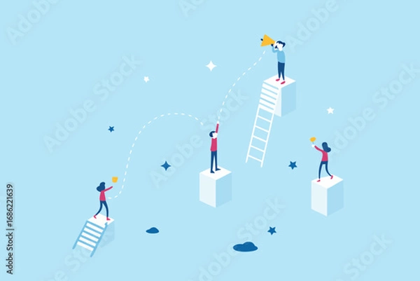 Fototapeta Diverse team members collaborate and climb ladders to achieve goals and celebrate success