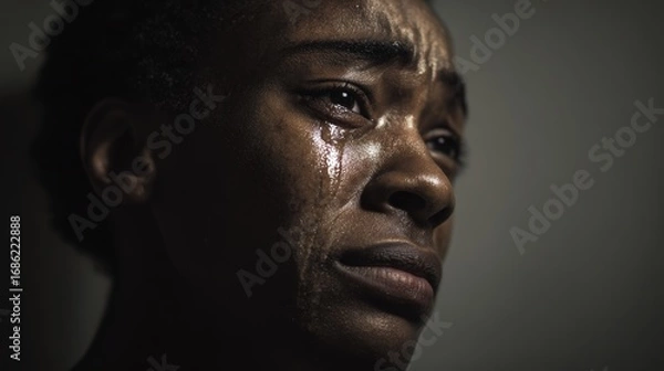 Obraz Close-up of a woman with tears streaming down her face, conveying sadness and emotional distress.