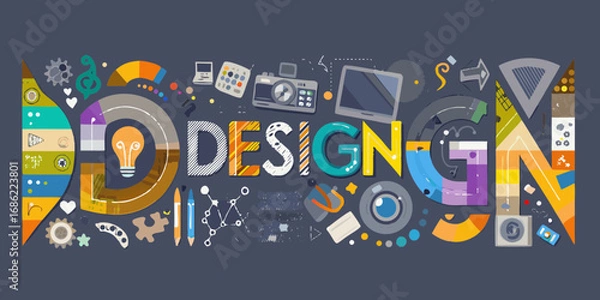 Fototapeta Creative word art spelling out design with colorful illustrations of design tools and concepts