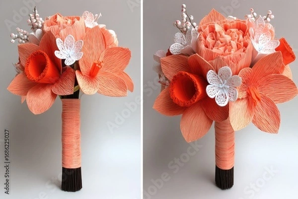 Fototapeta Peach and white paper flower bouquet, two views