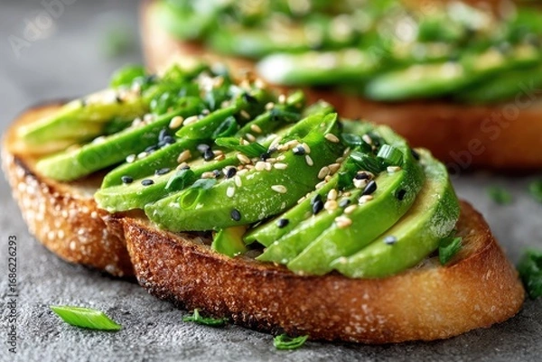 Fototapeta Toasted bread topped with sliced avocado, sesame seeds, and green onions