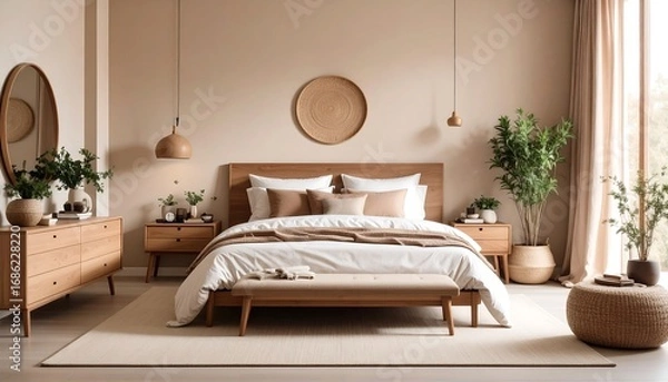 Fototapeta Serene Minimalist Bedroom Design:  Neutral Tones and Natural Wood