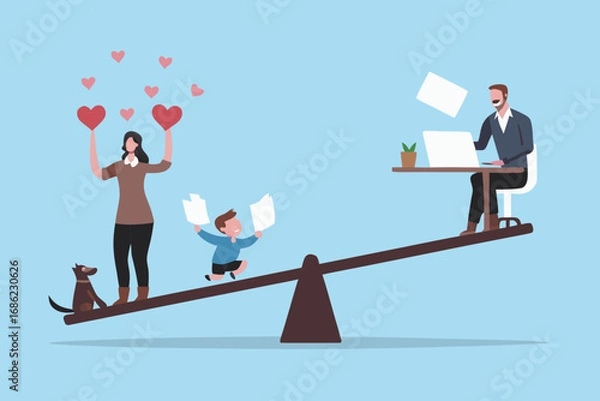 Fototapeta Balancing family life and work with a seesaw representing work life balance and family time