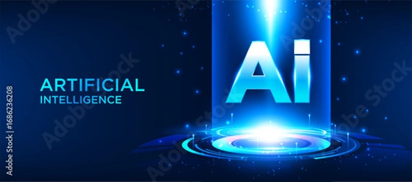 Obraz Artificial intelligence technology background in futuristic blue digital style. Glowing AI text with light ring effect and modern innovation concept design. banner, cover, vector illustration